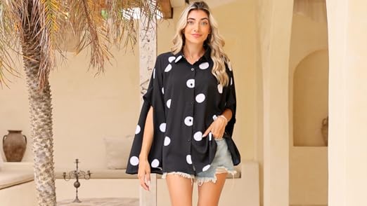 ellazhu Women's Batwing Sleeve Polka Dot Printed Button Down